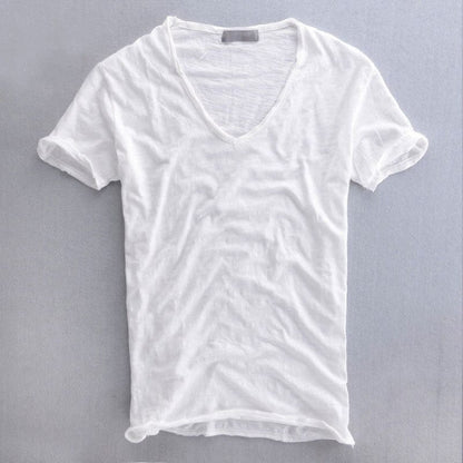 T-shirt en coton slub à col en V Allure Milanaise